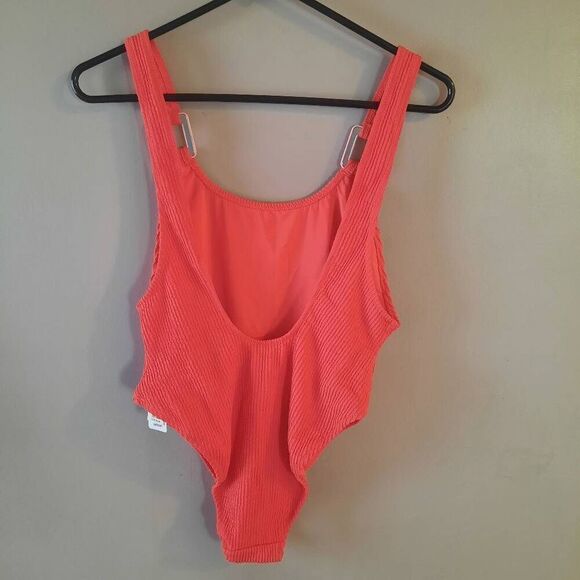 Aerie Red & Pale Pink Ribbed One Piece Swim Suit New With Tags Size Large - Picture 4 of 5